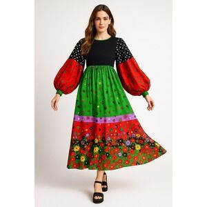 Pappagallo 70s vtg black red green floral hippie boho maxi dress